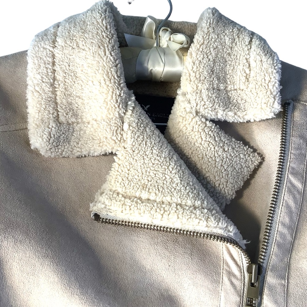American Eagle Outfitters Moto Shearling Jacket Biker Aviator Small Beige Tan - Picture 5 of 15